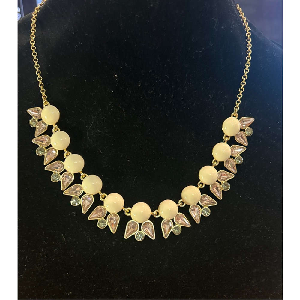 J. Crew Cream Peach & Grey Rhinestone Crystal Gold Tone Necklace 17”-19”